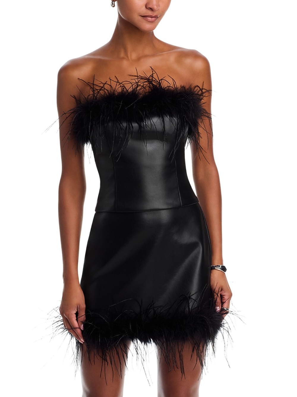 Aqua Black Feather-Trim Strapless Faux Leather Dress 🆕